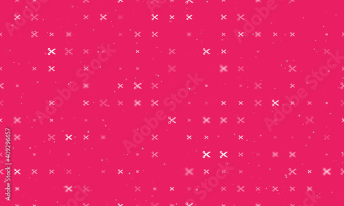 Seamless background pattern of evenly spaced white scissors symbols of different sizes and opacity. Vector illustration on pink background with stars