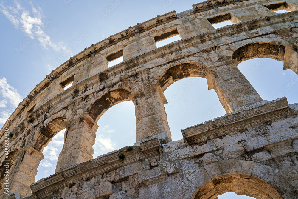 Ancient Roman amphitheater arena ruins in Pula, Croatia.