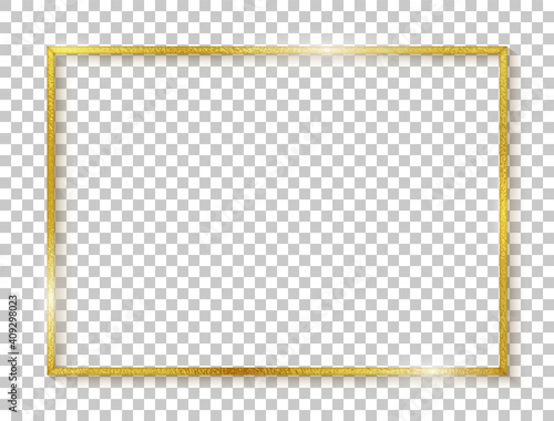 Gold rectangle border. Gold frame boarder. Golden vintage border. Shiny glowing realistic rectangle boarder isolated on background. Luxury golden frame. Design rectangular frame with shadow. Vector