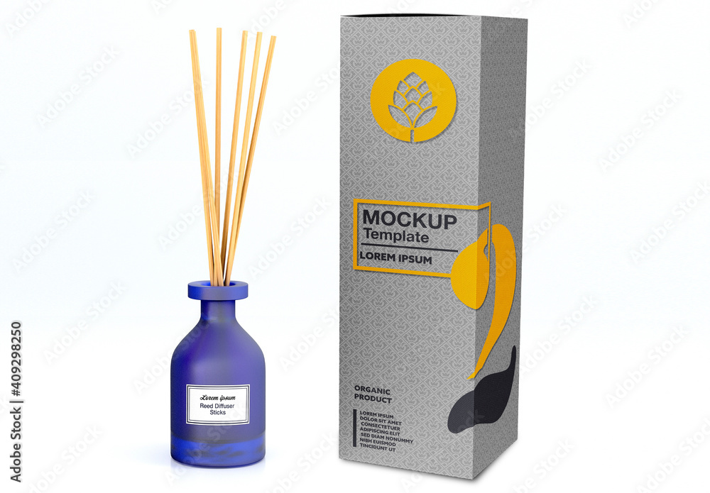 Reed Diffuser Glass Bottle with Box Mockup Stock Template