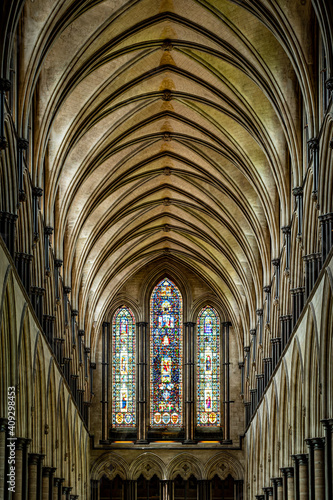Interior vaulted ceiling detail of the nave in Salisbury Cathedral