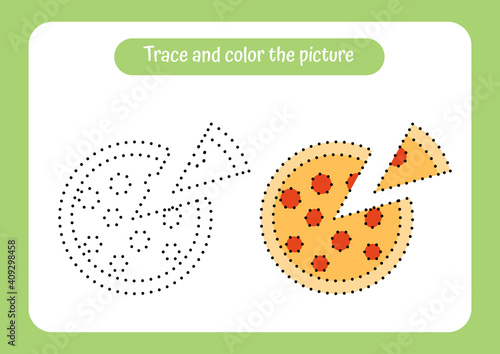 Pizza. Trace and color the picture. Educational game for children. Handwriting and drawing practice. Food theme activity for toddlers, kids.