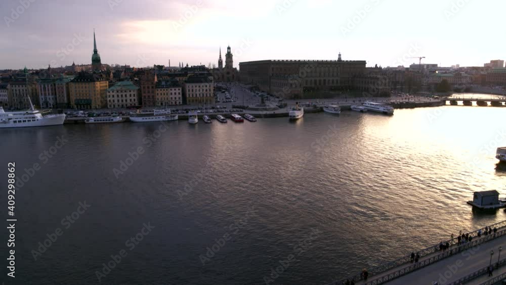 Aerial over Skeppsholmskyrkan with the amazing Stockholm skyline in background, Sweden Aerial over Skeppsholmskyrkan with the amazing Stockholm skyline in background, Sweden