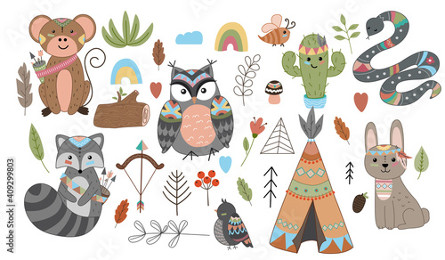Funny breeding animals. Forest animal cub, cute wild raccoon, monkey, snake and owl funny cactus.