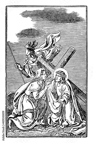 6th or sixth Station of the Cross or Way of the Cross or Via Crucis. Veronica wipes the face of Jesus.Bible,New Testament.Antique vintage biblical religious engraving or drawing.