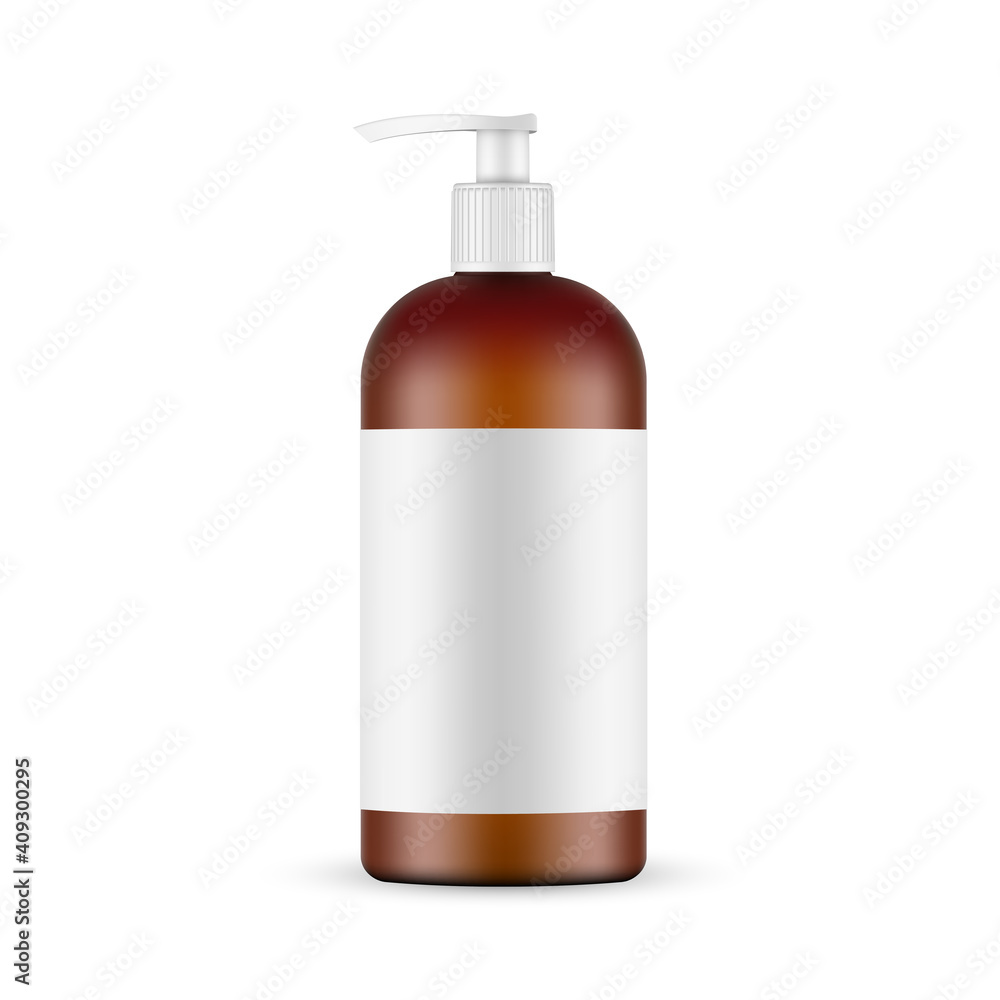 Amber Cosmetic Plastic Pump Bottle Mockup with Label Isolated on White Background. Vector Illustration Amber Cosmetic Plastic Pump Bottle Mockup with Label Isolated on White Background. Vector Illustration