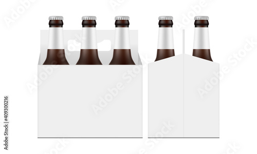 Carrier Packaging Box Mockup with Brown Glass Beer Bottles, Front and Side View, Isolated on White Background. Vector Illustration