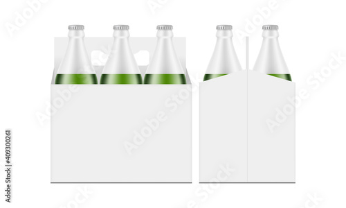 Six-Pack Green Bottle Carrier Box Mockup, Front and Side View, Isolated on White Background. Vector Illustration
