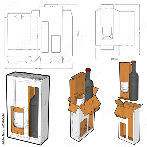 Packaging for bottle and glass and Die-cut Pattern. The .eps file is full scale and fully functional. Prepared for real cardboard production.