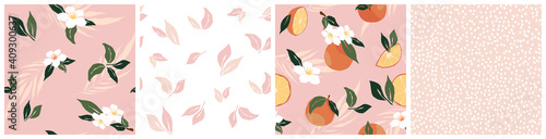 Set of Tropical seamless pattern with oranges, flower, leaf, dot on pink background. Trendy fruit repeated background. Vector exotic design for paper, cover, fabric, interior decor, print, wallpaper.