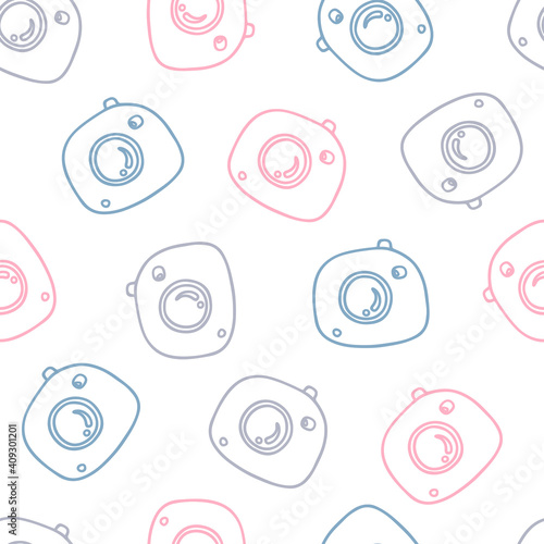 Vector illustration. Cute seamless pattern. Wallpaper with Photo cameras on white. Holiday decoration design. Hand drawn doodle clipart. For card, children project, banner, fabric, textile.