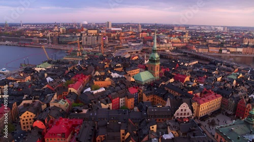 Aerial view over Gamla Stan in central Stockholm during sunset, Sweden photo