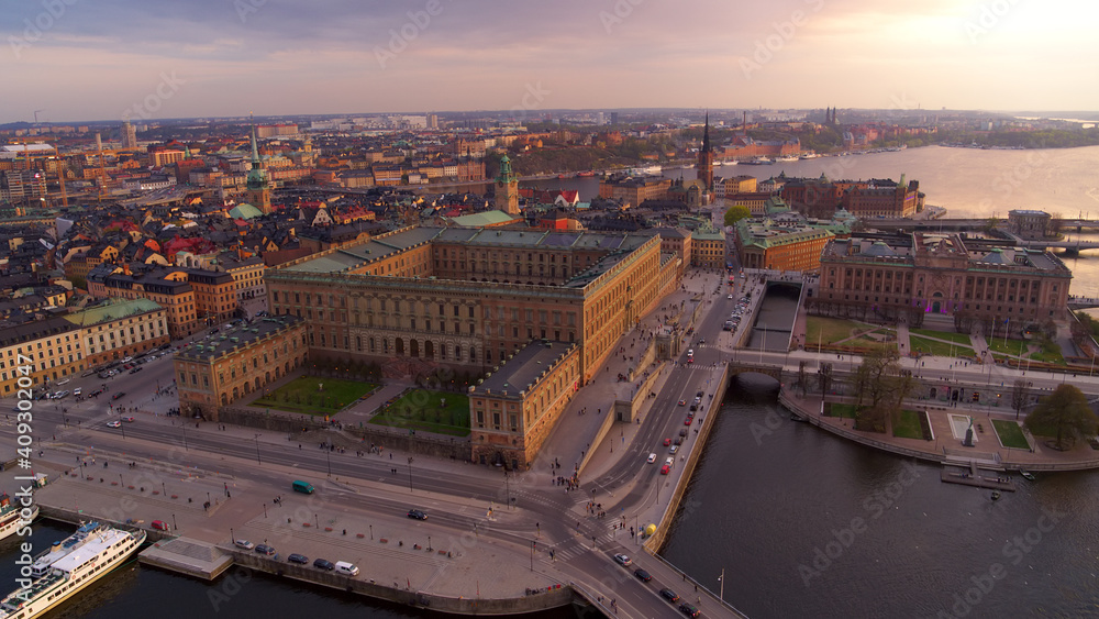 The famous Royal Palace in Gamla Stan, Stockholm during a spring sunset.