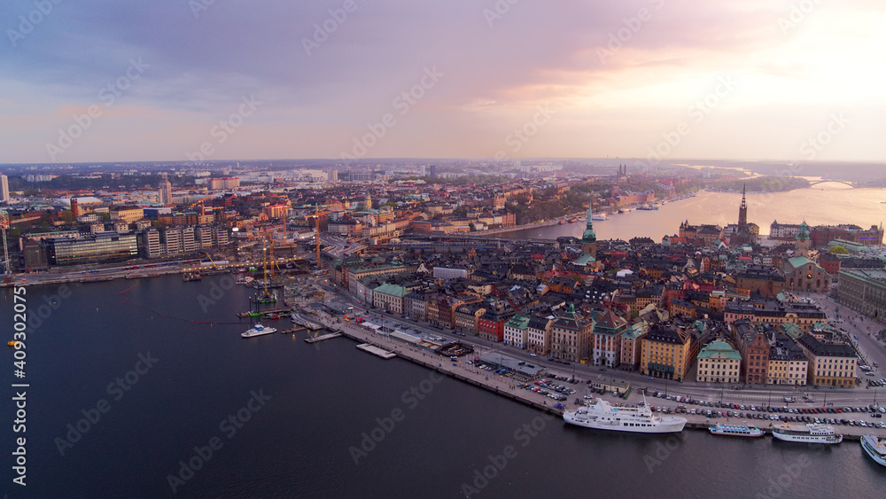 Aerial view over Gamla Stan in central Stockholm during sunset, Sweden