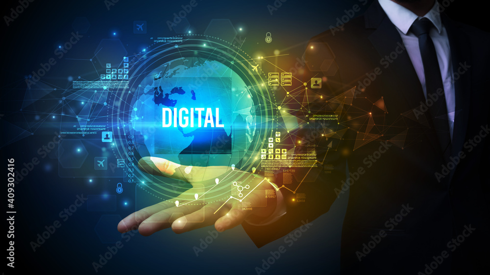 Elegant hand holding DIGITAL inscription, digital technology concept Elegant hand holding DIGITAL inscription, digital technology concept
