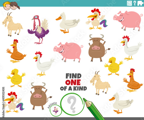 one of a kind game for children with cartoon farm animals