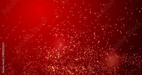 Golden confetti bokeh lights on the red background. 3d illustration