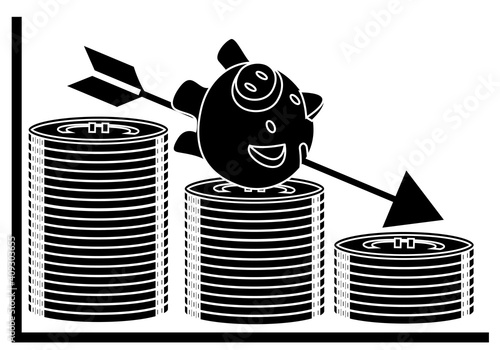 Gráfico con monedas de euro en escalera descendente y una hucha cerdo atravesado por una flecha. Caída de ahorro y la inversión. Crisis económica