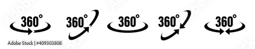 360 degrees vector icon. Round signs with arrows rotation to 360 degrees. Rotate symbol isolated in white background. Vector illustration EPS 10.