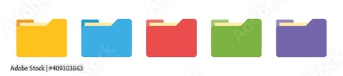 Colorful file folder icon set isolated on white background. Folder with document flat vector element. Vector illustration.