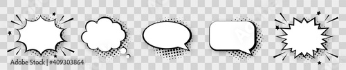 Empty comic speech bubbles set with halftone shadows. Retro comic explosions isolated on transparent background. Vintage design elements. Pop art style.