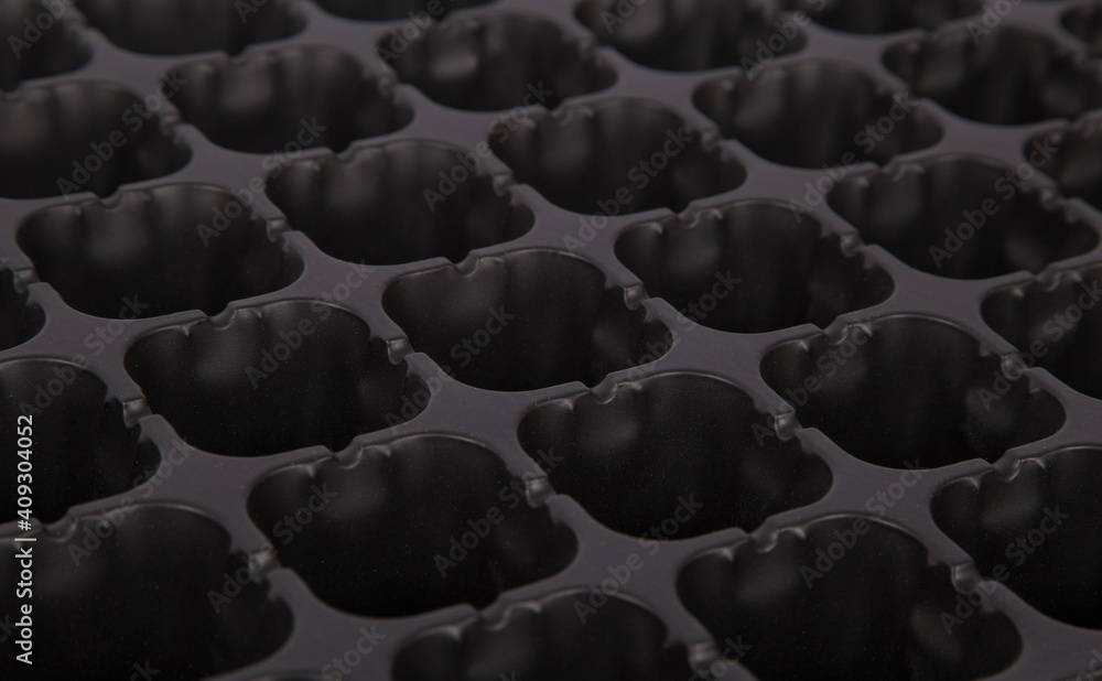 Obraz premium Black cassette for seedlings on a white background.