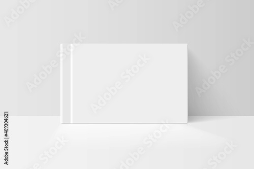 Booklet or notebook mock up. Blank white cover of book vector illustration. Softcover of white catalog, album or journal design presentation