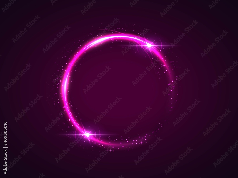Purple shining circle frame illustration. Glowing round border with copyspace on violet background. Glittering ring, circular geometric shape with sparkling effect. Isolated design element. Purple shining circle frame illustration. Glowing round border with copyspace on violet background. Glittering ring, circular geometric shape with sparkling effect. Isolated design element.