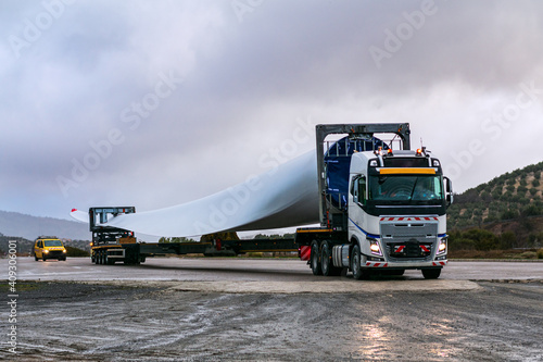 Special transport truck transporting a wind turbine blade.