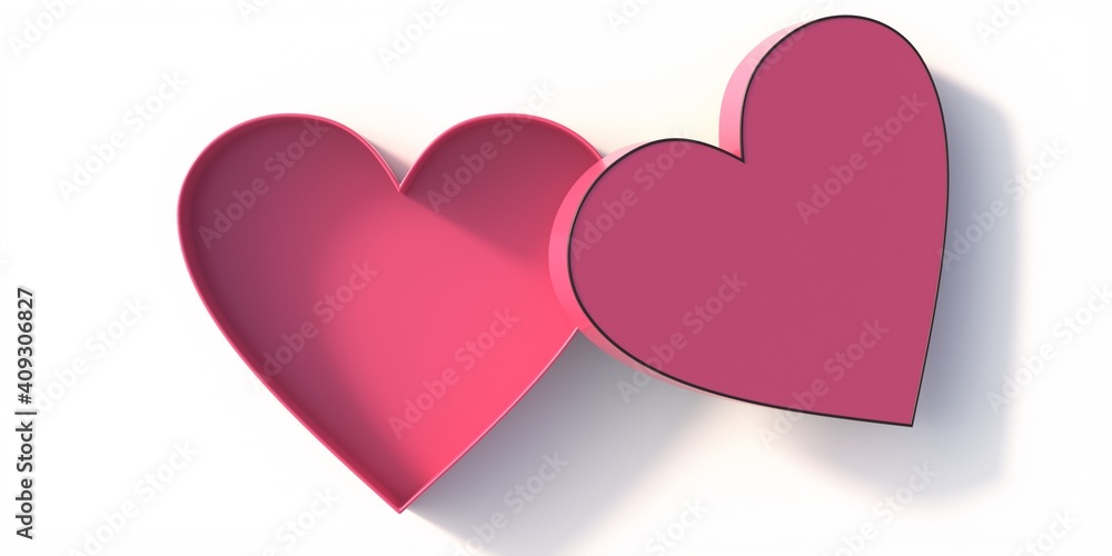 Open empty pink color gift box heart shape isolated on white background, top view. 3d illustration