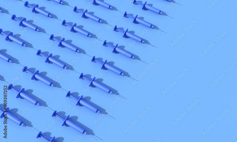 Rows of vaccination syringes lined up on a blue background. 3D Rendering - obrazy, fototapety, plakaty 