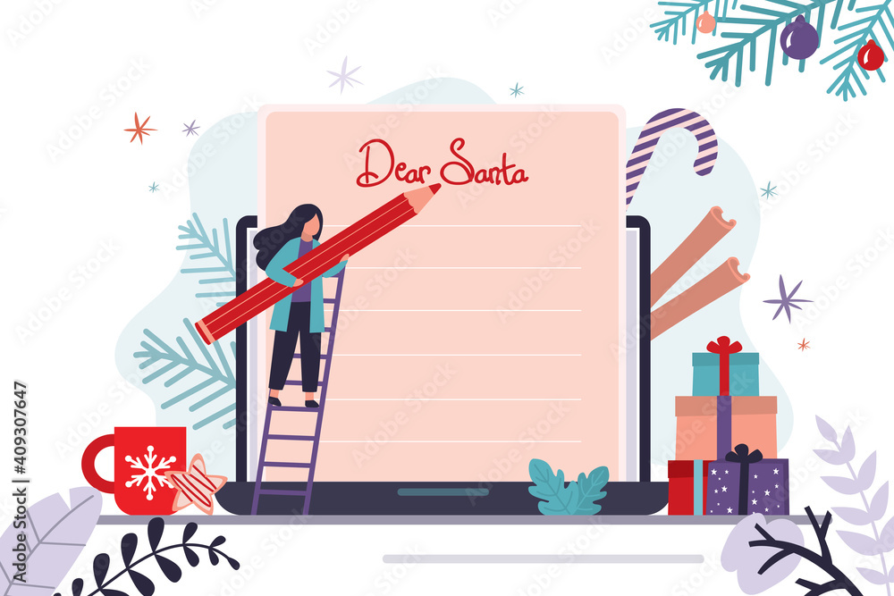 Cute woman writes email with wishes to Father Christmas. Female character with pencil writes online letter to Santa Claus