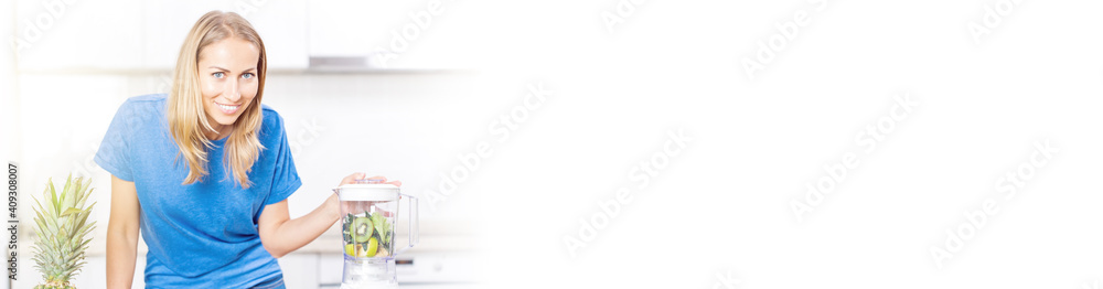 Preparing detox fruits smoothie in blender Long banner Preparing detox fruits smoothie in blender Long banner