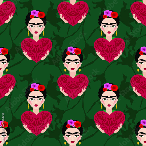 Frida Kahlo with heart. Beautiful vector seamless pattern with woman portrait photo