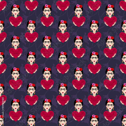 Frida Kahlo with heart gift seamless pattern photo