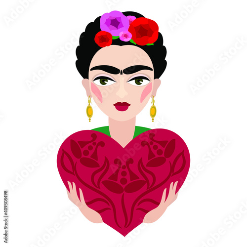 Frida Kahlo with heart. Beautiful vector illustration of woman portrait