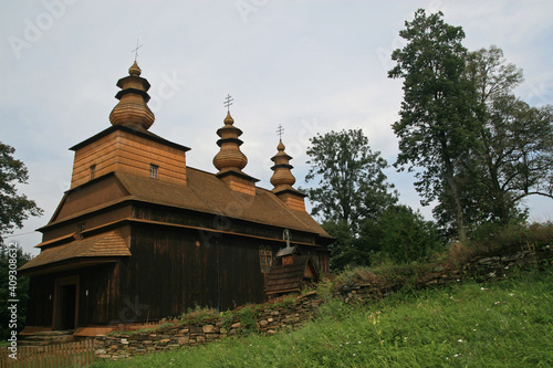 Old traditional wooden church in Wislok Wielki village, Bieszczady Mountains, Poland