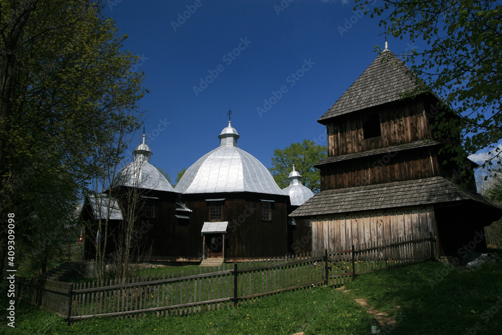 Old traditional wooden church in Michniowiec village, Bieszczady Mountains, Poland