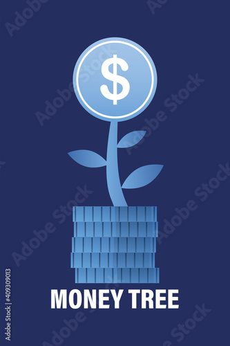 Money tree. Vertical web banner or logo. Making money concept. Dollar coin and plant. Design on blue background.