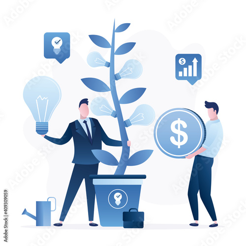 Businessman with lighbulb stands near ideas tree. Development of new startups and innovations. Brainstorming, business incubator.