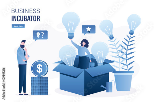 Woman in opened cardboard box. Businessman investor thinks, brainstorming. Successful businesswoman holds idea lightbulb. Business incubator