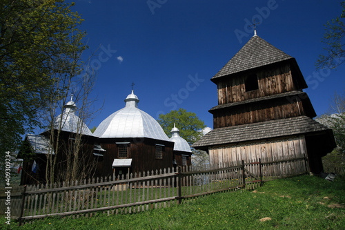 Old traditional wooden church in Michniowiec village, Bieszczady Mountains, Poland