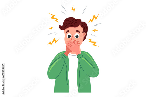 surprised man covers his mouth with his hands in fright. flat character vector illustration isolated on white background.