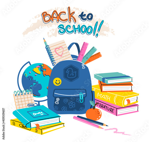 Set of school supplies composition. Back to school lettering. Children's subjects for study. Vector illustration in a flat style on a white background. All objects are isolated