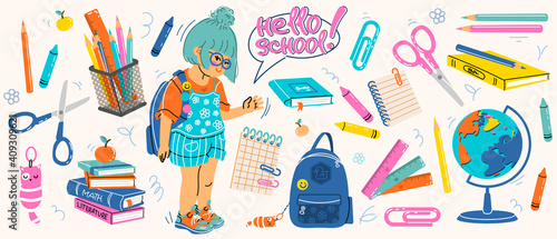 Big set of school supplies. Hello school lettering. Little cute girl is going to study. Children's subjects for study. Vector illustration in a flat style on a white background. All objects are isolat photo