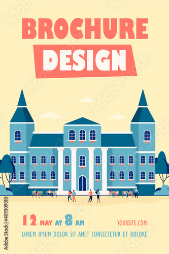 Young people walking in front of college or university flat vector illustration. Cartoon students relaxing and going near campus. Building exterior and landscape concept