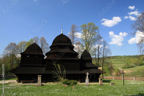 Old traditional wooden church in Rownia village, Bieszczady Mountains, Poland