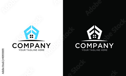 FF initial logo with home icon and blue color, business and property developer logo on a black and white background.