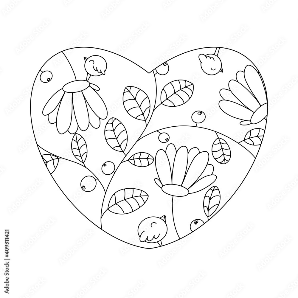 Fototapeta premium Coloring page heart with birds and flowers.