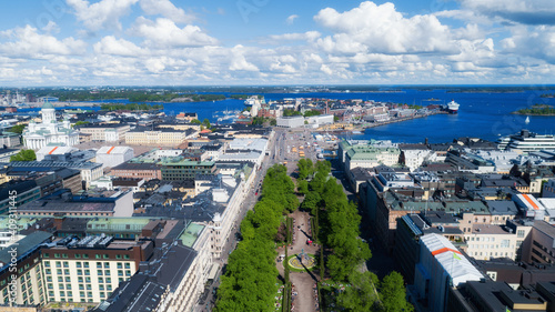 Scenic summer aerial panorama of the old town architecture in Helsinki, Finland. Beautiful sky with clouds. Travel concept.